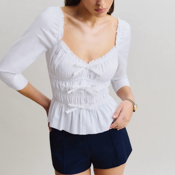 NWOT Reformation Lauryn Top in White Size 6 White Summer Top Bow Tie Crop Top - Picture 1 of 6
